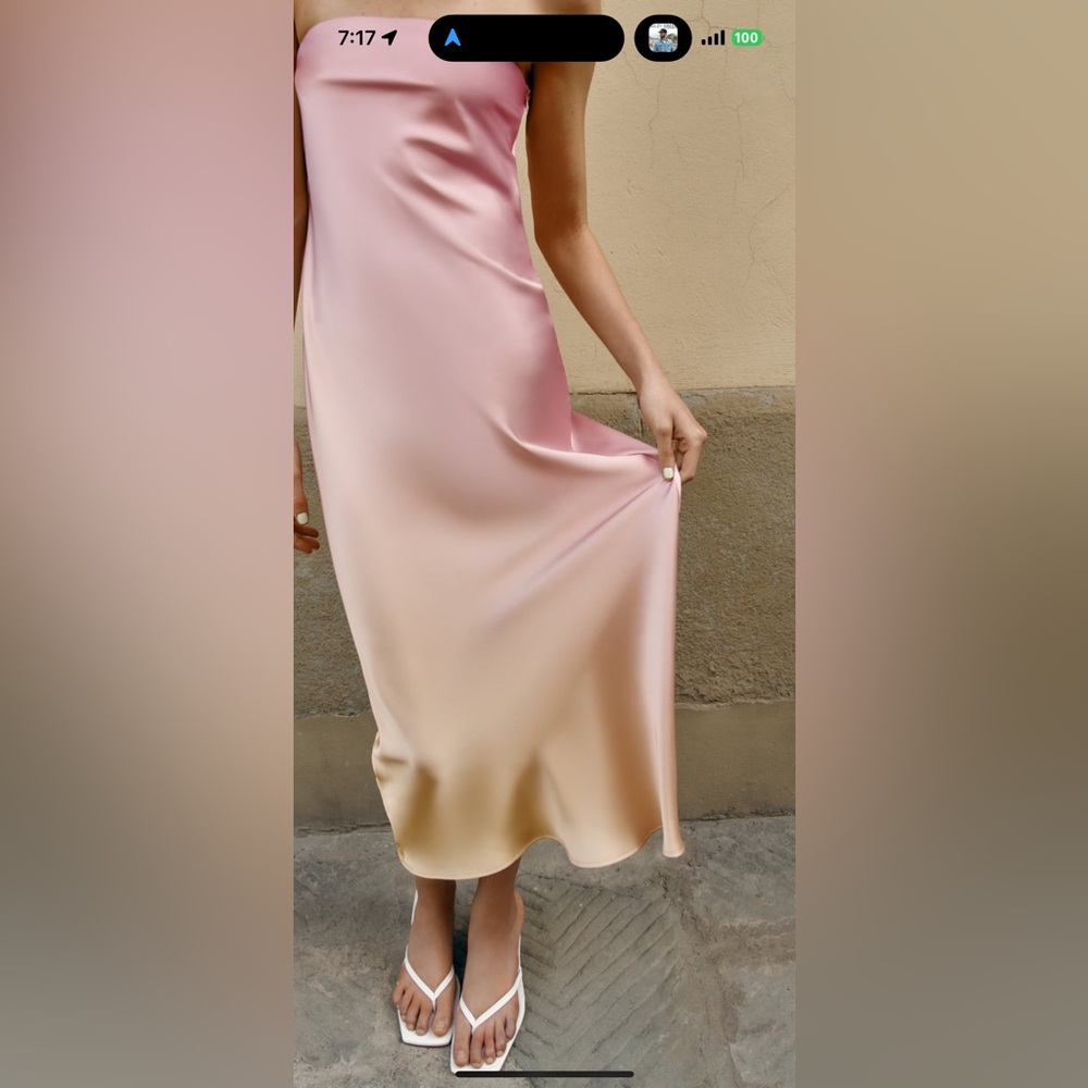 Zara Satin Strapless Pink and Yellow Watercolor Midi Dress